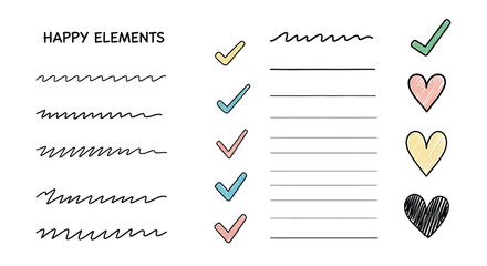 Happy elements doodle vector design with check marks hearts and lines for bullet journal and planner vector