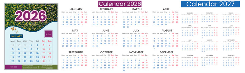 Vector calendar design of 2026 and 2027 year. Realistic calendar design of 2026 and  2027 on a solid white background. Editable font 