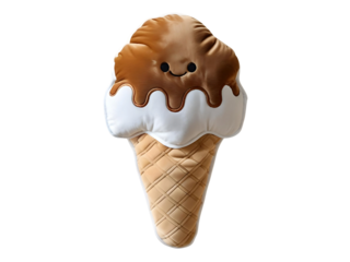 An irresistibly cute and soft plush ice cream cone, featuring a cheerful smiling face on its chocolate drip, with a textured waffle cone, embodying pure sweetness and comforting joy.
