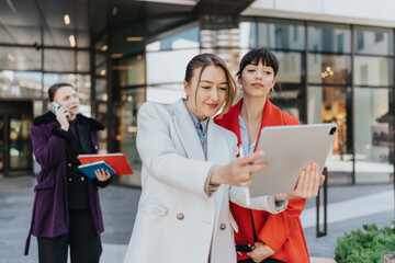 Professional women engaging in work discussions while utilizing technology outdoors in an urban...