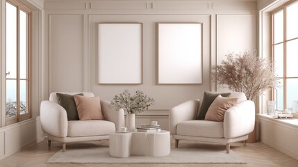 Fototapeta premium Beige living room with two framed posters and armchairs