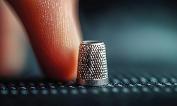 A detailed macro shot features a finger hovering over a silver thimble, set against a dark, textured background. - Powered by Adobe