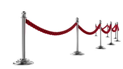 Stanchions with red velvet ropes on transparent background, cut out