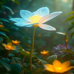 Obraz premium Highly Detailed, Photorealistic 3D Render of a Fantastical Glowing Flower in an Enchanted Forest, Evoking Magic and Wonder