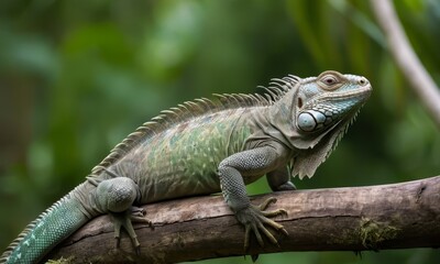 Obraz premium Detailed Close-Up of a Green Iguana Resting on a Tree Branch