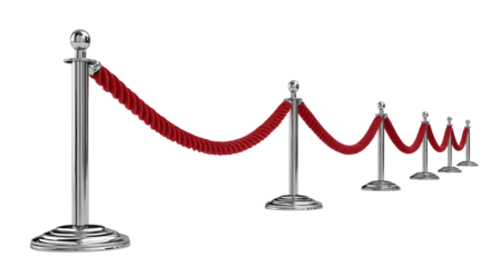 Stanchions with red velvet ropes on transparent background, cut out