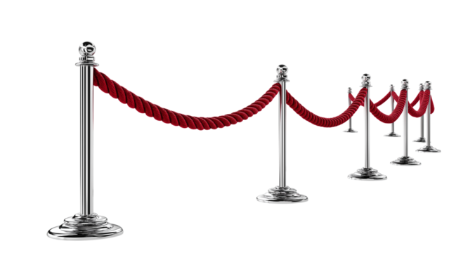 Stanchions with red velvet ropes on transparent background, cut out