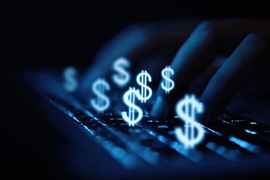 Hands typing on keyboard, dollar signs