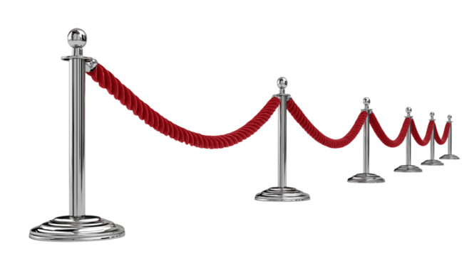Stanchions with red velvet ropes on transparent background, cut out