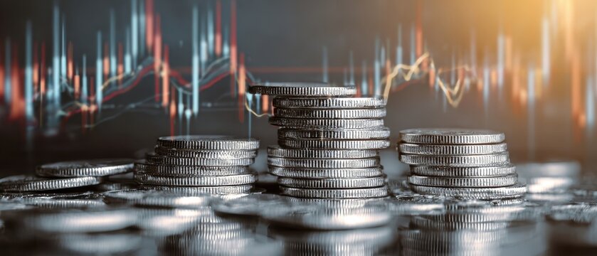 The coins stacked representing investment opportunities and financial growth trends.