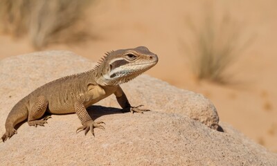 Elegant frilled lizard perched majestically on a sun-kissed rock formation