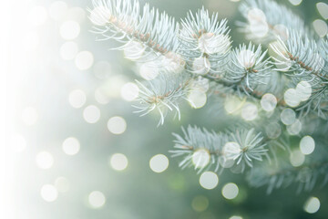 Close-up of blue spruce branches with soft bokeh lights, perfect for holiday backgrounds, Christmas...