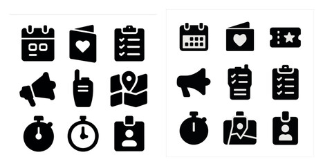 Event planning solid icons set – filled, flat, organization and scheduling symbols