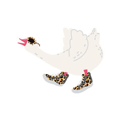 Goose in sunglasses and leopard-print sneakers on a white background. Trendy hipster farm bird character. Vector cartoon goose. Perfect for kids designs, stickers, prints, cards,and humor project