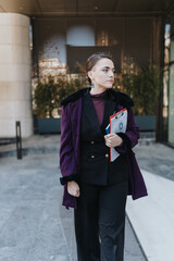 A confident professional businesswoman stands outdoors while holding files.