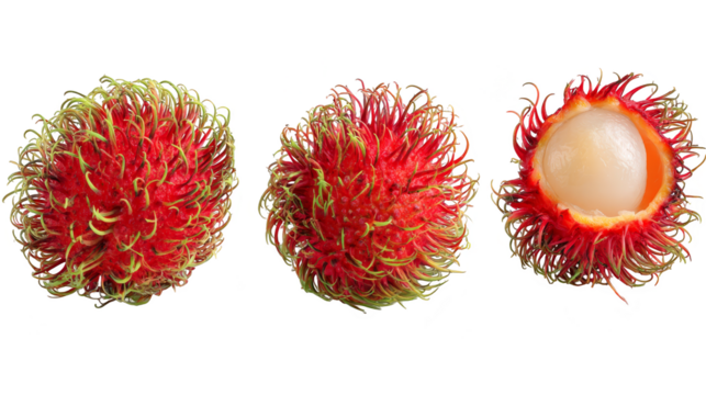 Three fresh rambutans are arranged horizontally: two whole, vibrant red and hairy fruits, and one peeled half revealing its translucent white flesh and seed, all isolated on a white background.