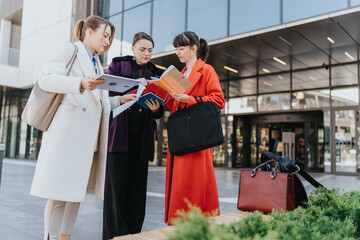 Three businesswomen studying documents outside a contemporary corporate building, demonstrating...