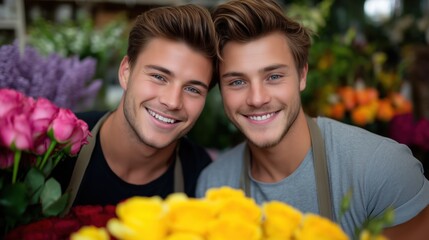 Two smiling men preparing vibrant flower arrangements in a cheerful shop