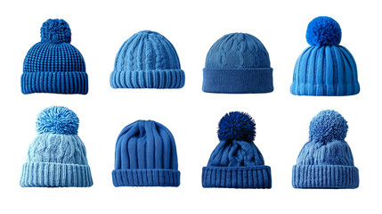 collection of blue winter hats on transparent background, cutout.