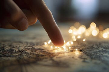 Finger tracing a map with fairy lights