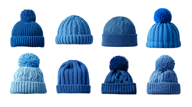 collection of blue winter hats on transparent background, cutout.
