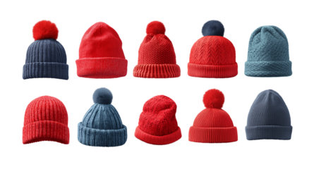 collection of red winter hats on transparent background, cutout.