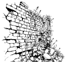 Overgrown Brick Wall: A striking monochrome illustration depicts a weathered brick wall overtaken by lush vegetation, showcasing a blend of nature's resilience and urban decay.