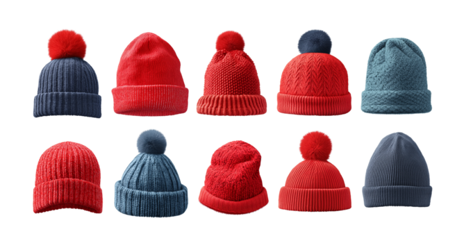 collection of red winter hats on transparent background, cutout. - Powered by Adobe