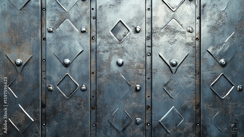 Poster aged metallic surface with intricate diamond patterns and rivets evokes strength and historical text
