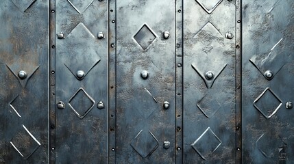 Fototapeta premium Aged metallic surface with intricate diamond patterns and rivets evokes strength and historical texture