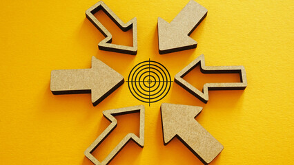 Concept of achieving a goal is shown by focus and direction arrows converging on a target. Goal...