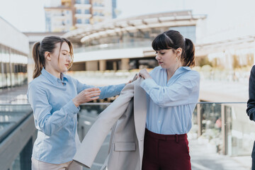 Two female professionals interact in an outdoor urban environment, showcasing collaboration,...