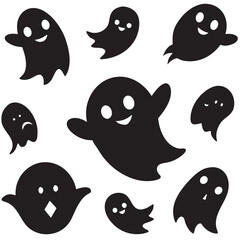 Happy and Sad Ghost Expressions Black Silhouette Set for Spooky and Playful Design Projects

