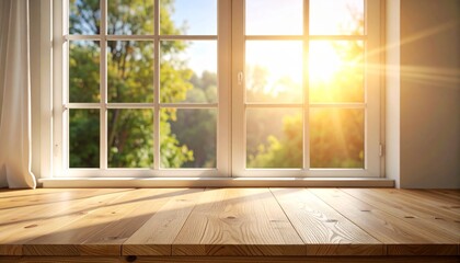 Sunny Window View Wooden Tabletop Product Display.