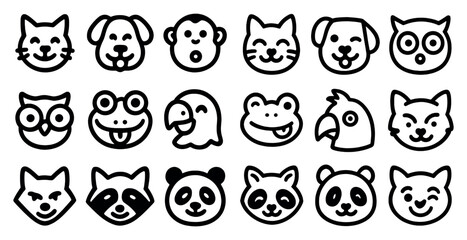 Animal faces outline icons set – linear, silhouette, wildlife and pet symbols