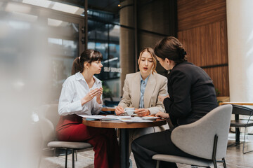Three businesswomen discussing strategy while sitting in a contemporary workplace setting.