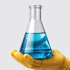 A hand wearing a yellow glove carefully holds a laboratory flask filled with vibrant blue liquid.