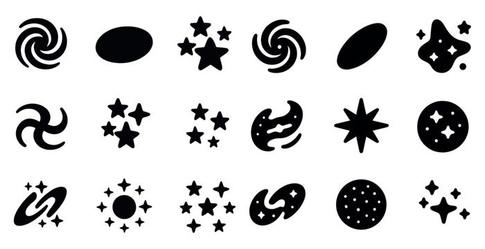 Space and galactic icons set: silhouette, filled, cosmic and universe symbols