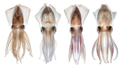 Four individual squids in various shades of translucent brown and white, showcasing their distinct body shapes and tentacles, isolated on a white background.