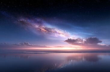 Golden light rays illuminate the sky, casting a dramatic glow on the clouds, while a multitude of sparkling dots adds to the celestial beauty, creating a dreamy and enchanting vista