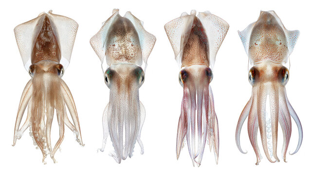 Four individual squids in various shades of translucent brown and white, showcasing their distinct body shapes and tentacles, isolated on a white background.