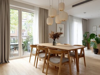 A wooden dining table with six chairs around it. A vase with flowers on it is placed on the table