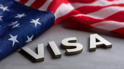 top-down view of the word VISA on a clean light grey background, vibrant and glossy American flag