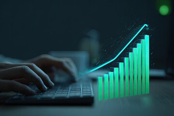 Hands typing on keyboard with a graphic of rising bar graph overlay