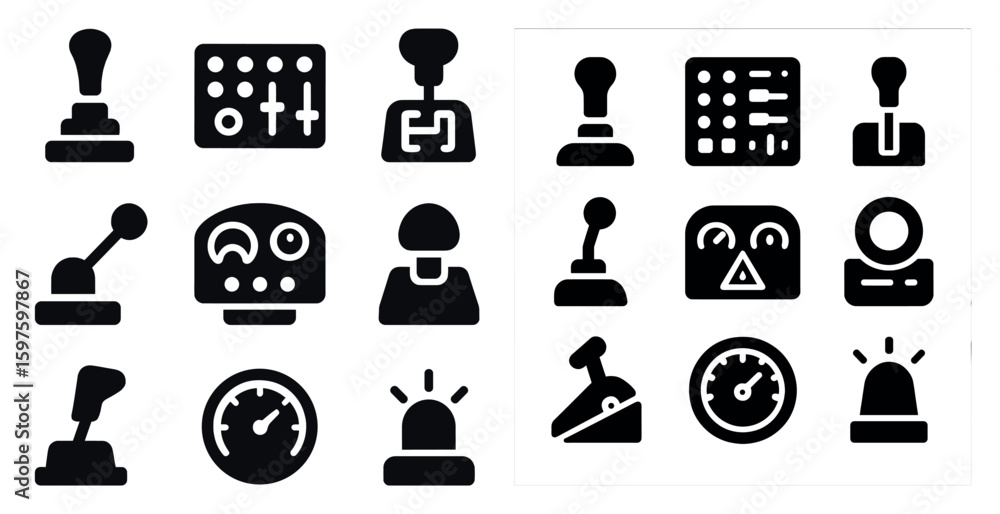 Poster control and navigation solid icons set – filled, dashboard, interface symbols