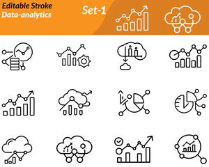 A modern icon showing charts, graphs, magnifying glass, and data points. Represents analysis, big data, statistics, trends, insights, and business intelligence in a clean vector style.