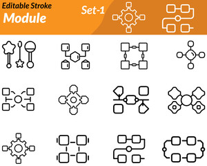 A structured icon representing modular components—often shown as interlocking blocks, puzzle pieces, or grid layouts. Symbolizes flexibility, customization, scalable systems, and organized structure.