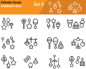 A playful icon set featuring teddy bears, toy blocks, balls, dolls, and puzzle pieces. Colorful and cheerful, it represents fun, childhood, learning, and imagination in a kid-friendly design.