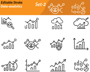 A modern icon showing charts, graphs, magnifying glass, and data points. Represents analysis, big data, statistics, trends, insights, and business intelligence in a clean vector style.