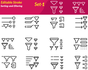 The sorting-and-filtering icon set represents tools for organizing data. Icons include ascending/descending arrows, funnels, lists, and checkboxes—indicating order, selection, or categorization.